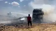 Şanlıurfa Viranşehir'de saman yüklü TIR'da yangın çıktı